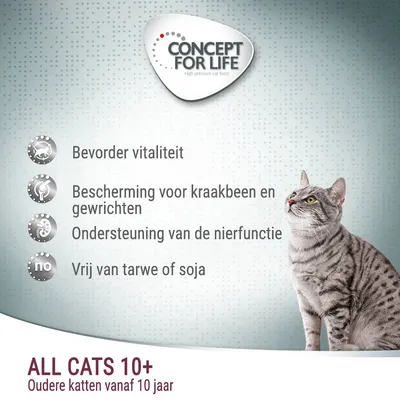 CONCEPT FOR LIFE. Bevorder vitaliteit, bescherming voor kraakbeen en gewrichten, ondersteuning van de nierfunctie, vrij van tarwe of soja. ALL CATS 10+, oudere katten vanaf 10 jaar.