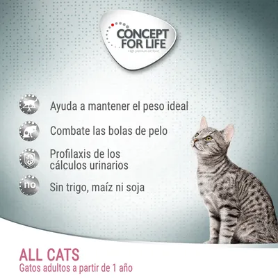 Concept for Life. Ayuda a mantener el peso ideal, combate las bolas de pelo, profilaxis de los cálculos urinarios, sin trigo, maíz ni soja. All Cats: gatos adultos a partir de 1 año.
