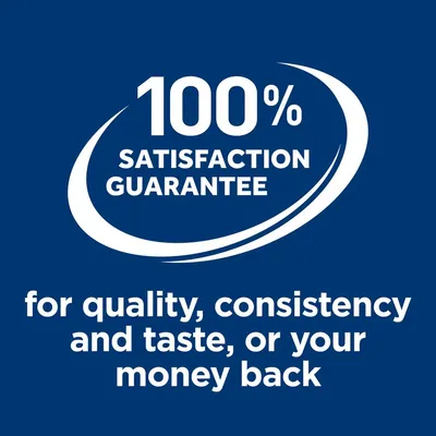 100% SATISFACTION GUARANTEE for quality, consistency and taste, or your money back. Az angol szöveg a pénz-visszafizetési garanciára utal.