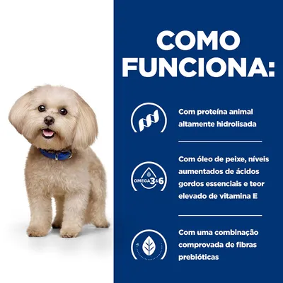 Como funciona: com proteína animal altamente hidrolisada; com óleo de peixe, ácidos gordos essenciais e vitamina E; combinação comprovada de fibras prebióticas.