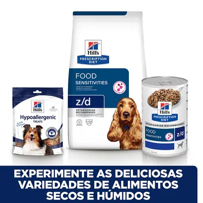 Hill's Prescription Diet Food Sensitivities z/d seco e húmido, Hill's Hypoallergenic Treats. Texto: Experimente as deliciosas variedades de alimentos secos e húmidos.