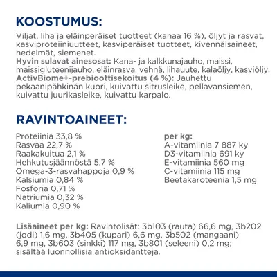 Koostumus: viljat, liha ja eläinperäiset tuotteet (kana 16 %), öljyt ja rasvat, kasviproteiinituotteet, kivennaisaineet, hedelmät, siemenet. Ravintoarvot: proteiinia 33,8 %, rasvaa 22,7 %, kuitua 2,1 %.