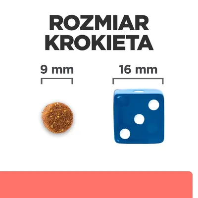 Rozmiar krokieta: średnica 9 mm, obok dla porównania niebieska kostka do gry o boku 16 mm. Widoczne napisy: 'Rozmiar krokieta', '9 mm', '16 mm'.