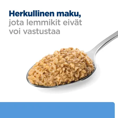 Teksti: Herkullinen maku, jota lemmikit eivät voi vastustaa. Kuvassa lusikallinen ruskeaa, rakeista lemmikkiruokaa.