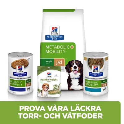 Hill's Prescription Diet Metabolic + Mobility torrfoder, två burkar våtfoder och Healthy Weight Treats för hund. Text: Prova våra läckra torr- och våtfoder.