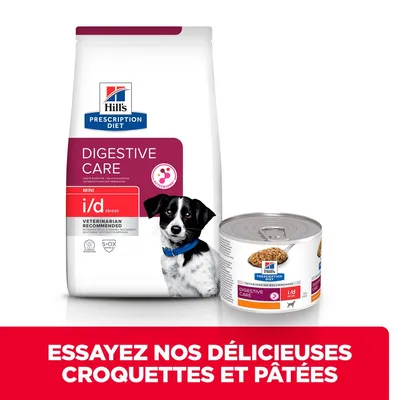 Hill's Prescription Diet Digestive Care i/d stress MINI pour chien, sac de croquettes et boîte de pâtée visibles. Texte : Essayez nos délicieuses croquettes et pâtées.