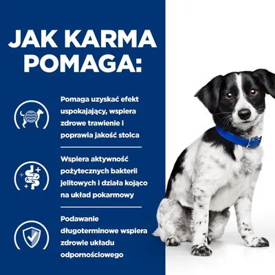Jak karma pomaga: efekt uspokajający, wsparcie trawienia i jakości stolca, aktywność bakterii jelitowych, działanie kojące na układ pokarmowy, wsparcie odporności przy długim podawaniu.