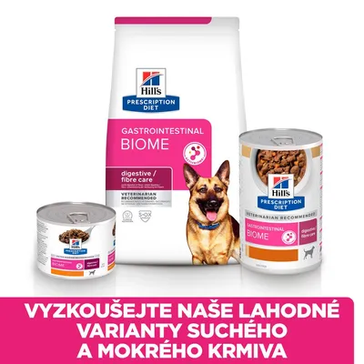 Hill's Prescription Diet Gastrointestinal Biome suché a mokré krmivo, nápis: Vyzkoušejte naše lahodné varianty suchého a mokrého krmiva.