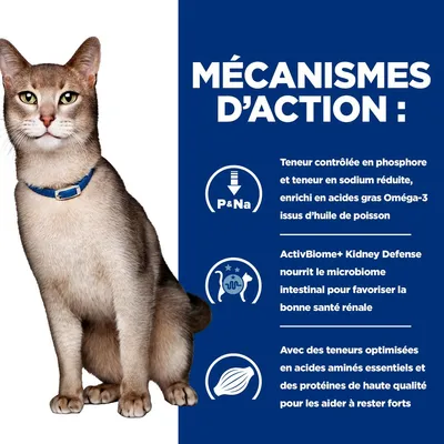 MÉCANISMES D’ACTION : teneur contrôlée en phosphore et sodium, enrichi en Oméga-3 ; ActivBiome+ Kidney Defense pour le microbiome ; acides aminés essentiels et protéines de haute qualité.