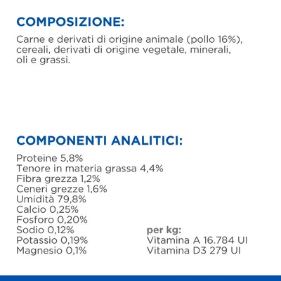Composizione: carne e derivati animali (pollo 16%), cereali, derivati vegetali, minerali, oli e grassi. Componenti analitici: proteine 5,8%, grassi 4,4%, fibra 1,2%, umidità 79,8%, vitamine per kg.