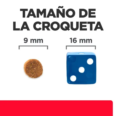 Tamaño de la croqueta: imagen comparativa con una croqueta de 9 mm y un dado azul de 16 mm. Texto visible: 'Tamaño de la croqueta', '9 mm', '16 mm'.