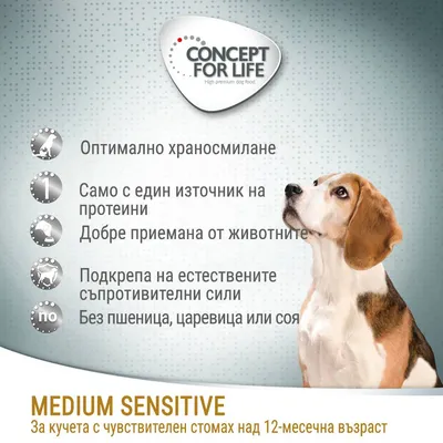 CONCEPT FOR LIFE. Оптимално храносмилане, един източник на протеини, добре приемана, подкрепа на съпротивителни сили, без пшеница, царевица или соя. Medium Sensitive за кучета над 12 месеца.