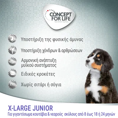 CONCEPT FOR LIFE. Υποστήριξη της φυσικής άμυνας, χόνδρων & αρθρώσεων, αρμονική ανάπτυξη μυϊκού συστήματος, ειδικές κροκέτες, χωρίς σιτάρι ή σόγια. X-LARGE JUNIOR για γιγαντόσωμα κουτάβια & νεαρούς σκύλους 8–24 μηνών.