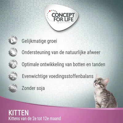 Concept for Life Kitten, kittens van de 2e tot 12e maand. Gelijkmatige groei, ondersteuning natuurlijke afweer, optimale bot- en tandontwikkeling, evenwichtige voedingsstoffenbalans, zonder soja.