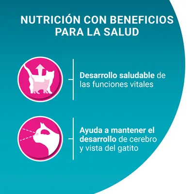 NUTRICIÓN CON BENEFICIOS PARA LA SALUD. Desarrollo saludable de las funciones vitales. Ayuda a mantener el desarrollo de cerebro y vista del gatito.