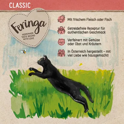 Feringa Classic. Met vers vlees of vis, graanvrije receptuur, verfijnd met groenten, fruit en kruiden. Gemaakt in Oostenrijk – als huisgemaakt.