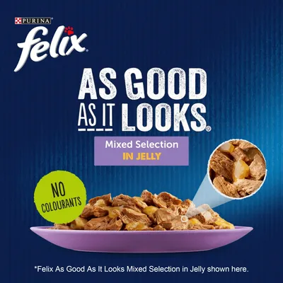 Purina Felix As Good As It Looks Mixed Selection in Jelly, no colourants, image of cat food chunks on a purple plate. Text: 'Felix As Good As It Looks Mixed Selection in Jelly shown here.'