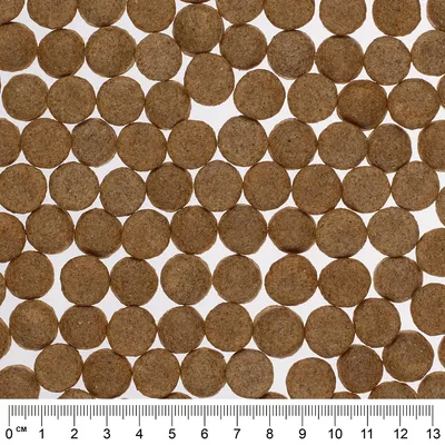 Runde braune Futterpellets mit Massstab in Zentimetern von 0 bis 13 zur Grössenbestimmung.