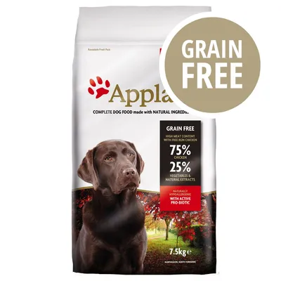 Sacchetto Applaws cibo per cani, scritte visibili: GRAIN FREE, 75% chicken, 25% vegetables & natural extracts, 7.5 kg, naturally hypoallergenic with active pro-biotic.