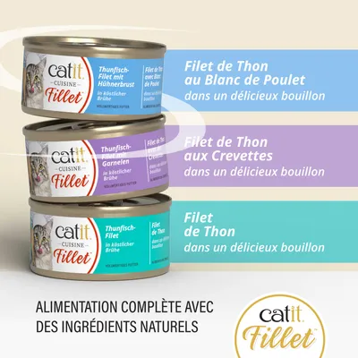 catit Cuisine Filet Filet de thon avec poitrine de poulet, filet de thon avec crevettes, filet de thon dans un délicieux bouillon. Aliment complet à base d'ingrédients naturels.