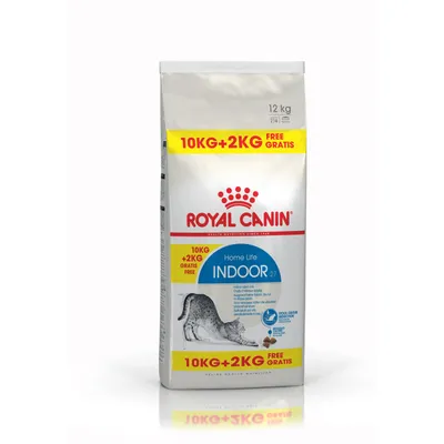 Royal Canin Home Life Indoor 27 macskaeledel, 12 kg csomagolás, 10 kg + 2 kg ingyen. Csomagon szürke macska illusztráció és sárga INGYENES felirat.