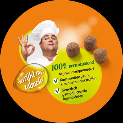 100% responsabil. Fără arome, coloranți sau arome artificiale și ingrediente modificate genetic. Îmbogățit cu ulei de somon.