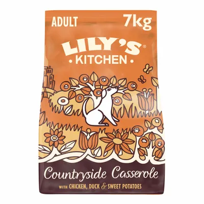 Lily's Kitchen Adult 7kg Countryside Casserole met kip, eend en zoete aardappel. Tekst op verpakking: with chicken, duck & sweet potatoes.