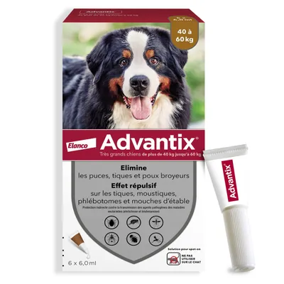 Advantix Elanco très grands chiens 40 à 60 kg, élimine puces, tiques, poux broyeurs, effet répulsif sur tiques, moustiques, phlébotomes, mouches d’étable, 6 x 6,0 ml