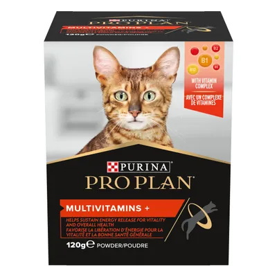 Purina Pro Plan Multivitamins+ for cats, 120g powder. With vitamin complex B1, B2, B5, B12. Helps sustain energy release for vitality and overall health. Text in English and French.