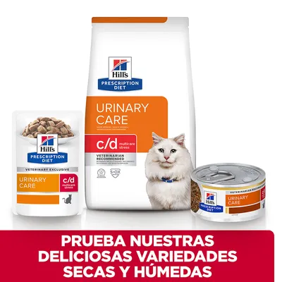 Hill's Prescription Diet Urinary Care c/d multicare stress para gatos, formatos seco y húmedo. Texto: Prueba nuestras deliciosas variedades secas y húmedas.