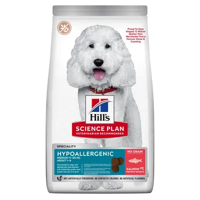 Hill's Science Plan Hypoallergenic Medium 11–25 kg Adult 1–6, no grain, salmon #1 protein source. Formuleret til hunde med sart hud og mave. Ingen kunstige farver eller smagsstoffer.