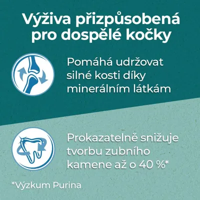 Text v češtine: Výživa přizpůsobená pro dospělé kočky. Pomáhá udržovat silné kosti díky minerálním látkám. Prokazatelně snižuje tvorbu zubního kamene až o 40 %. *Výzkum Purina.