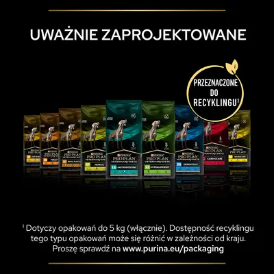 Purina Pro Plan Veterinary Diets – różne warianty karmy dla psów. Napis: Przeznaczone do recyklingu¹. Uważnie zaprojektowane. Informacje o recyklingu na www.purina.eu/packaging.