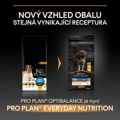 Nový vzhľad obalu Purina Pro Plan Large Robust Adult. Optibalance je teraz Everyday Nutrition. Zloženie zostáva rovnaké. Text v češtine a angličtine.