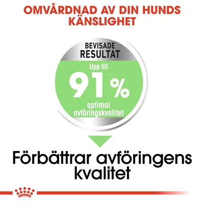 Omvårdnad av din hunds känslighet. Bevisade resultat: upp till 91 % optimal avföringskvalitet. Förbättrar avföringens kvalitet.