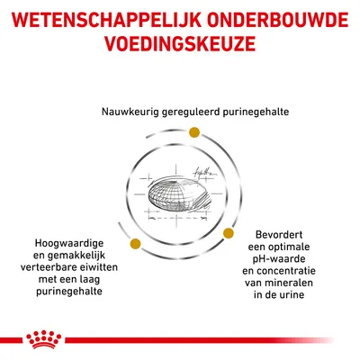 Wetenschappelijk onderbouwde voedingskeuze: nauwkeurig gereguleerd purinegehalte, hoogwaardige en makkelijk verteerbare eiwitten met laag purinegehalte, optimale pH-waarde in urine.