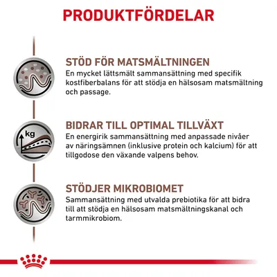 Text: Produktfördelar. Stöd för matsmältningen, bidrar till optimal tillväxt, stödjer mikrobiomet. Beskrivningar om lättsmält sammansättning, näringsämnen och prebiotika.