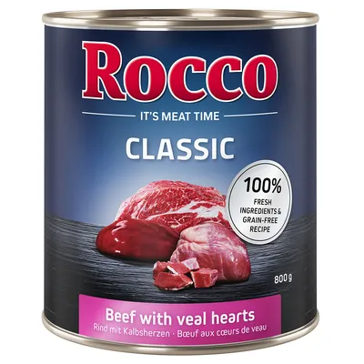 Rocco Classic wołowina z sercami cielęcymi, puszka 800g. 100% świeżych składników i receptura bez zbóż.