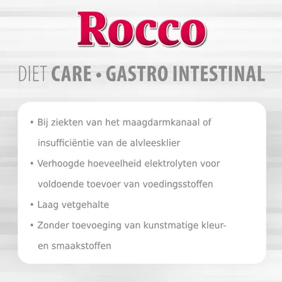 Rocco DIET CARE GASTRO INTESTINAL: bij ziekten van het maag-darmkanaal of insufficiëntie van de alvleesklier, verhoogde elektrolyten, laag vetgehalte, zonder kunstmatige toevoegingen.
