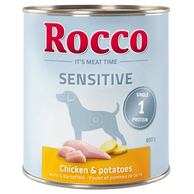 Rocco Sensitive Chicken & potatoes, Single 1 Protein, 800g tin. Visible text: IT'S MEAT TIME, Huhn & Kartoffeln, Poulet et pommes de terre.