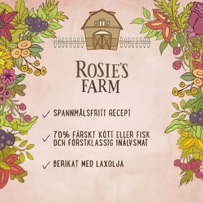 Rosie's Farm. Spannmålsfritt recept, 70 % färskt kött eller fisk och förstklassig inälvsmat, berikat med laxolja.