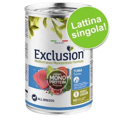 Exclusion Mediterraneo Monoprotein Formula, lattina singola, tonno, Animal Mono Protein Formula, per tutte le razze, senza mais, frumento e soia, Made in Italy.