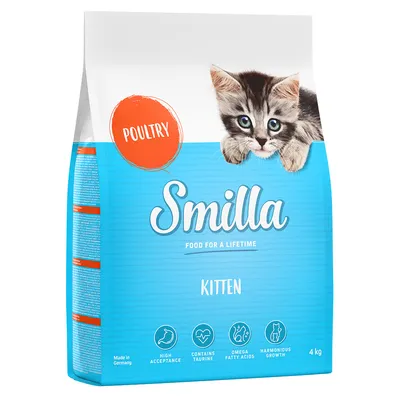 Sac Smilla Kitten 4 kg, volaille, mentions visibles : high acceptance, contains taurine, omega fatty acids, harmonious growth, made in Germany. Chaton illustré sur l’emballage.