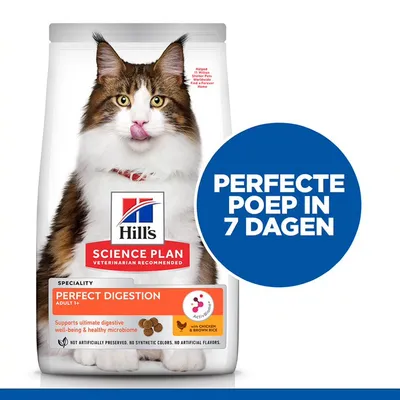 Hill's Science Plan Perfect Digestion Adult 1+ kattenvoer met kip & bruine rijst. Tekst: 'PERFECTE POEP IN 7 DAGEN'. Voor gezonde spijsvertering en welzijn, zichtbaar op verpakking.