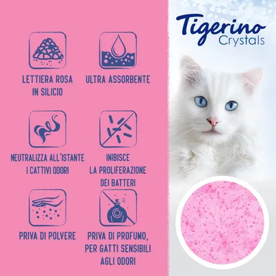 Tigerino Crystals lettiera rosa in silicio, ultra assorbente, neutralizza i cattivi odori, inibisce batteri, priva di polvere e profumo, per gatti sensibili agli odori.