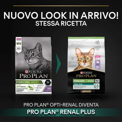 Immagine con due confezioni di Purina Pro Plan per gatti sterilizzati adulto 1+, testo: 'Nuovo look in arrivo! Stessa ricetta. Pro Plan Opti-Renal diventa Pro Plan Renal Plus'.