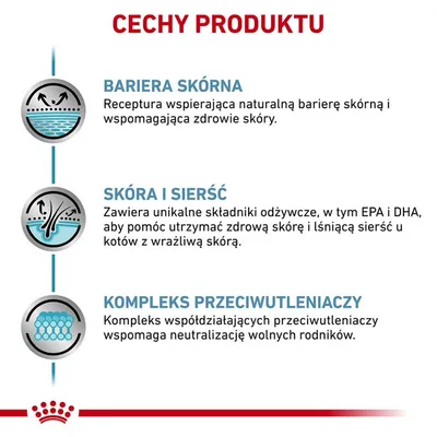 Cechy produktu: bariera skórna, wsparcie dla skóry i sierści z EPA i DHA, kompleks przeciwutleniaczy wspomagający neutralizację wolnych rodników. Tekst w języku polskim.