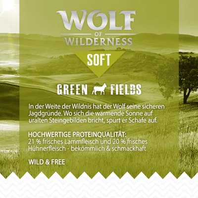 Wolf of Wilderness Soft Green Fields. Hochwertige Proteinqualität: 21% frisches Lammfleisch und 20% frisches Hühnerfleisch, bekömmlich & schmackhaft. Wild & Free.