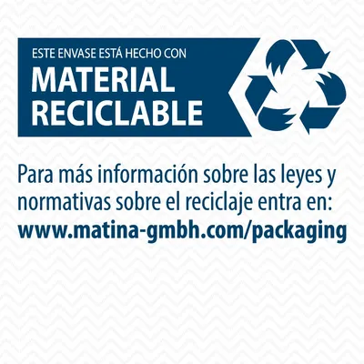 Este envase está hecho con material reciclable. Para más información sobre leyes y normativas de reciclaje entra en: www.matina-gmbh.com/packaging