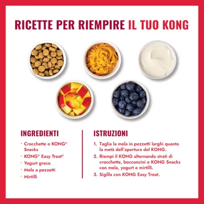 Suggerimento di ricetta per riempire un KONG: elenco degli ingredienti con crocchette, snack KONG, KONG Easy Treat, yogurt greco, pezzi di mela e mirtilli, oltre a istruzioni in tre passaggi.